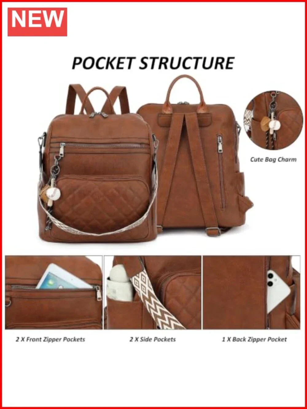 Waterproof PU Leather Backpack Purse for Women, Anti-Theft Convertible Handbag